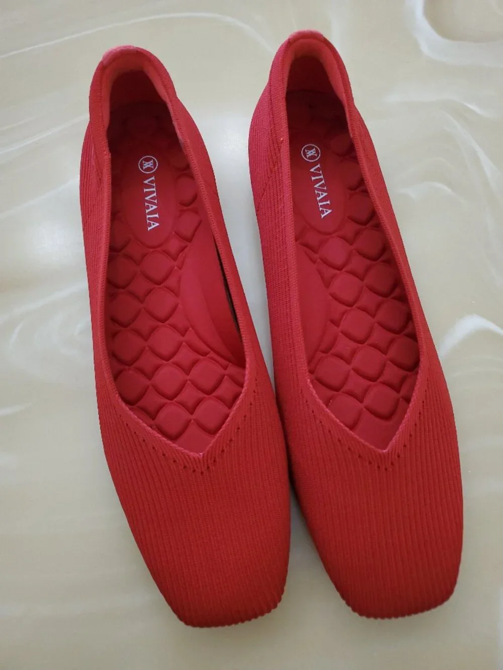 VIVAIA Margot Walker Lightweight Square-Toe V-Cut Slip On Flats in Ruby Red 10.5